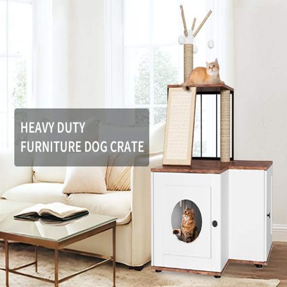 Danolapsi Cat Tree Litter Box Enclosure with Hidden Litterbox, Wood L-Shaped Corner Cat House Pet Furniture with Scratching Post Board Toy Balls and Play AreaLarge Tall Cat Tower for Indoor Cats