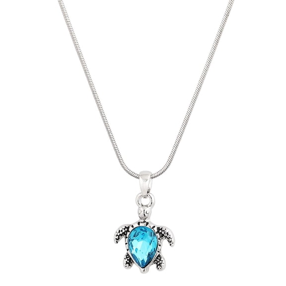Aqua Color Sea Turtle Pendant Necklace Earring Rhinestone Crystal Rhodium Plated 17 Inch Snake Chain J1179-AQ