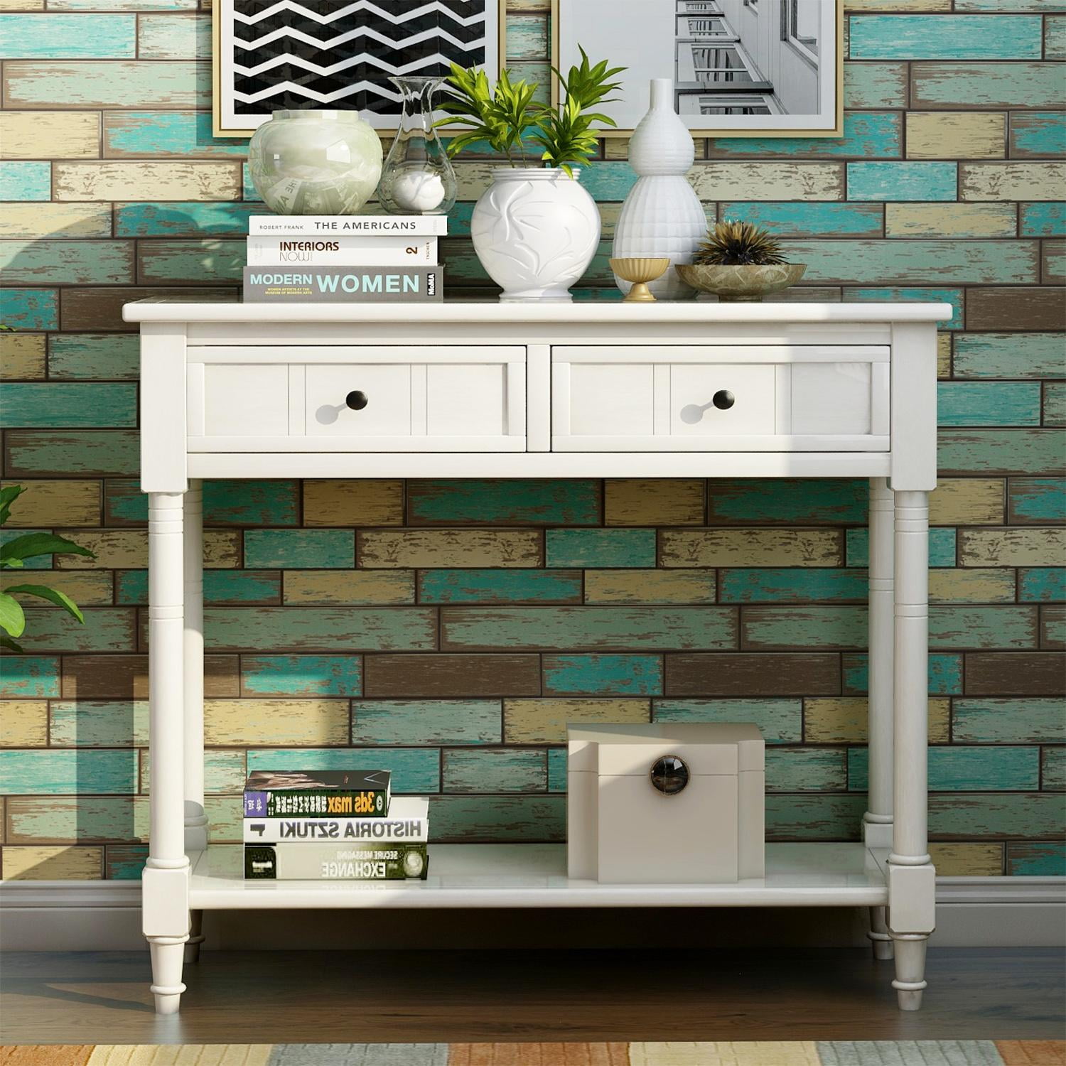 Wooden Console Table with 2 Drawers and Storage Shelf, Sofa Table Entryway Table Side Desk TV Stand for Living Room Hallway,Ivory White