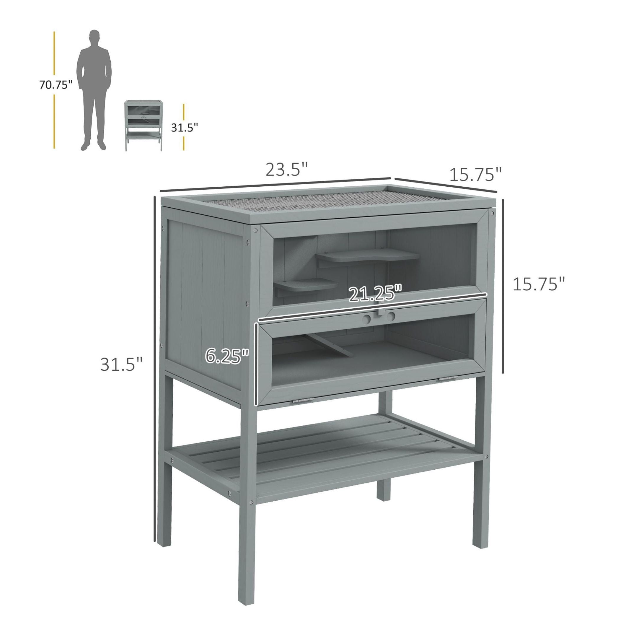 3-Tier Wooden Large Hamster Cage, Mice and Rat Cage Small Animals Hutch with Openable Top, Front Door, , Gray