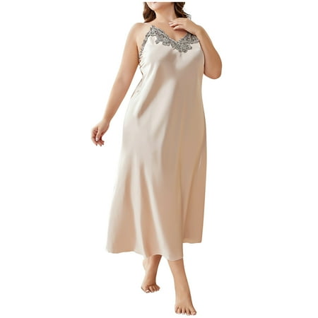 Aofany Womens Plus Size Sleepshirts Babydoll Lace Satin Silk Nightdress Lingerie Chemise Long Gown Sleepwear