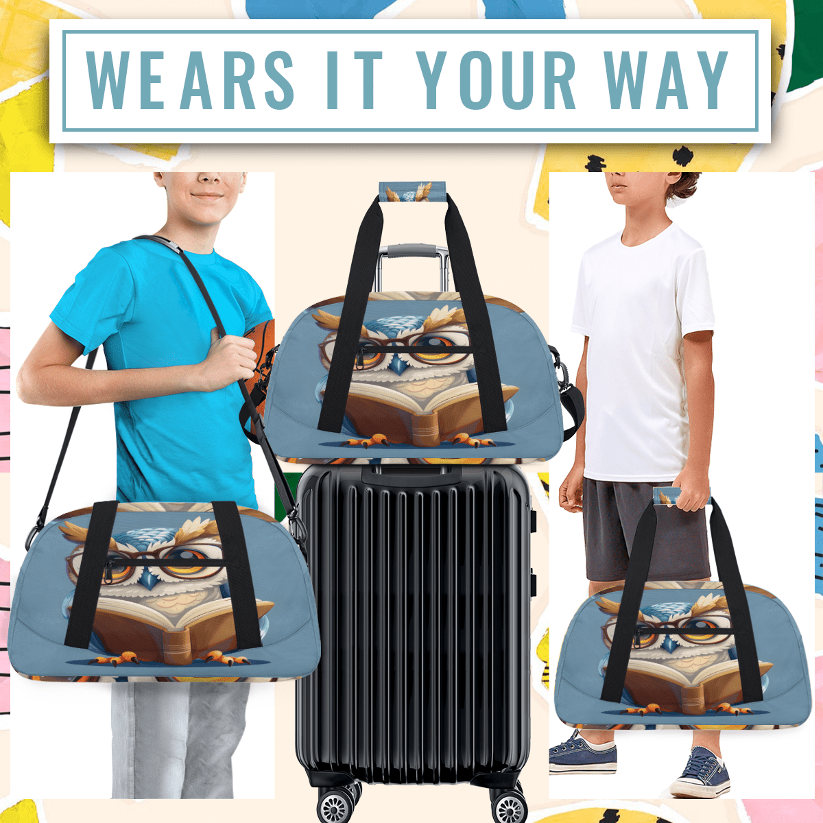 Herdesigns Owl Sports Duffle Bag for Women & Men, Funny Gym Bag Dance Bag Overnight Bag Carry On Weekender Travel Bag