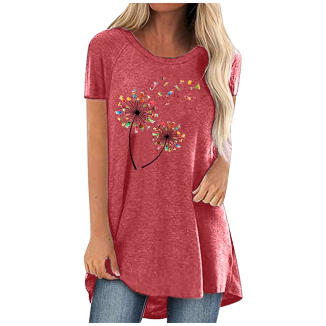 Pompotops Mode Femmes Imprimé Col Rond Manches Courtes Casual Tee Tops Blouse