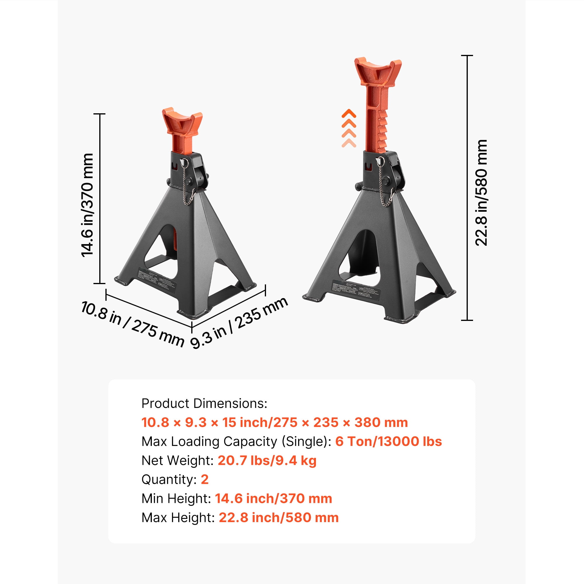 KFFKFF 6 Ton Capacity Jack Stands, Adjustable Height 14.6-22.8 in, Heavy-Duty Steel Construction with Double Locking Mechanism, Suitable for RVs, Trucks, Cars, SUVs, 1 Pair, Black and Orange
