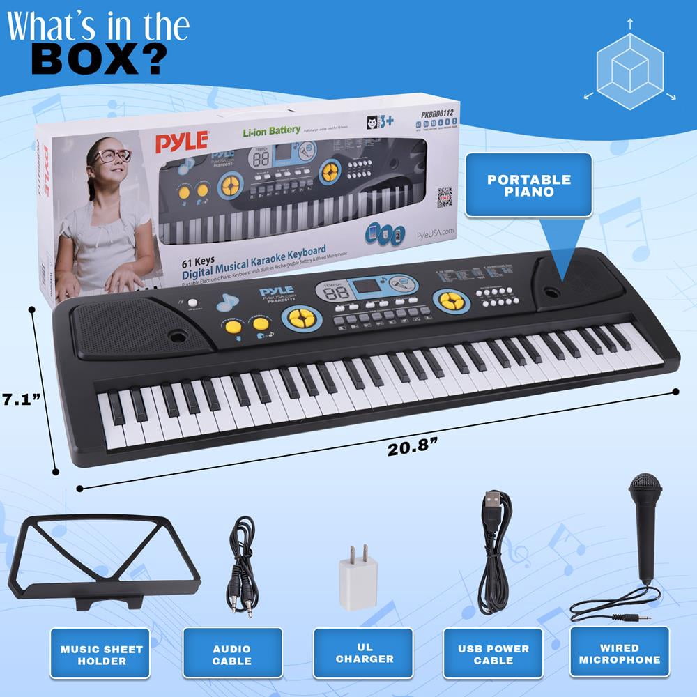 Digital Musical Karaoke Keyboard - Portable Electronic Piano Keyboard with Built-in Rechargeable Battery & Wired Microphone (61 Keys)