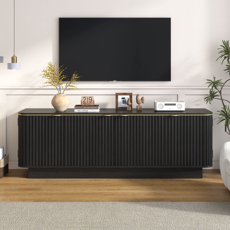 4-Door TV Stand for 70 Inch TV, Fluted Media Console with Adjustable Shelves and Cable Holes, Entertainment Storage Cabinet
