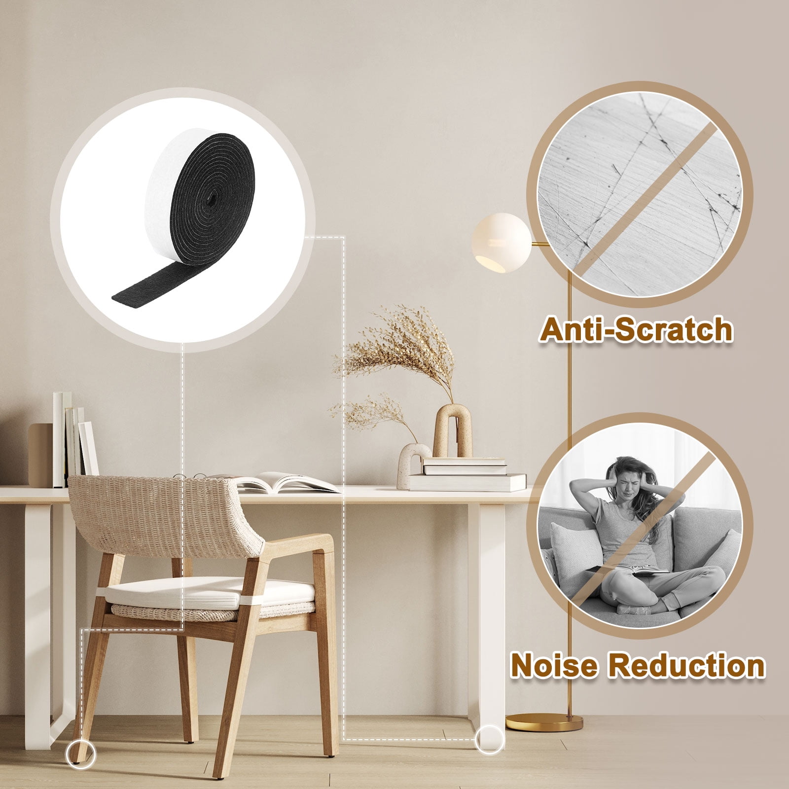 Felt Strips with Adhesive Backing, 4 Pack 1" x 120" x 0.12" Adhesive Felt Strips Anti Scratch Furniture Felt Tapes Self-Stick Felt Pads for Protecting Hardwood Floor, Black
