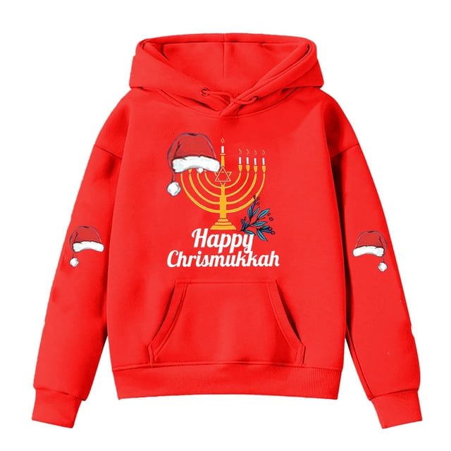 HJKIEUXL Chandails en Molleton Courts à Col Rond pour Femmes, Manches Longues, Imprimé de Noël Hanukkah
