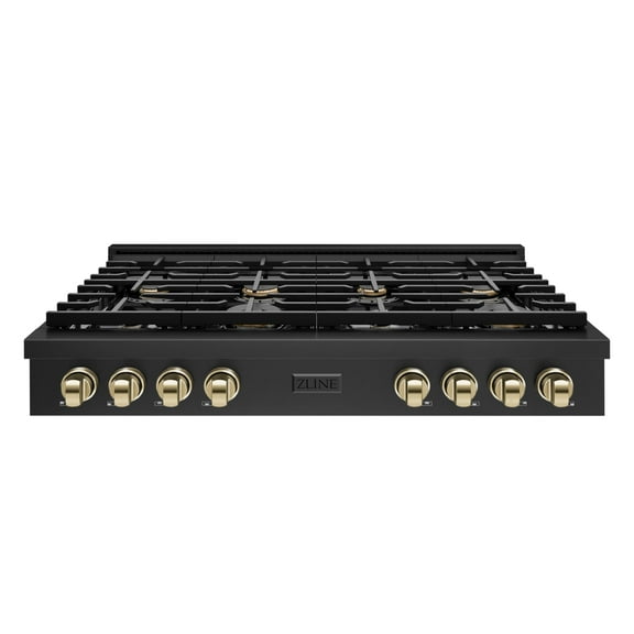 ZLINE 48 in. Autograph Edition Paramount Gas Rangetop with 8 Burners and Porcelain Cooktop in Black Stainless Steel with Polished Gold Accents (SRTBZ-48-G)