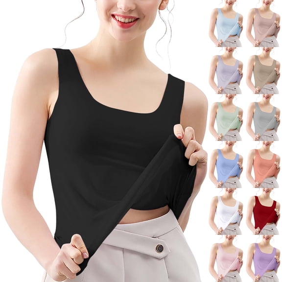 Miorin Women Square Neck Seamless Undershirt Tank Tops with Built-in Padded Bra, Wide Strap Long Slim Fit Layering Cami for Daily Casual Outfits, Purple L