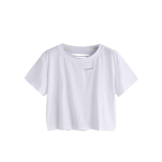Women's Summer Short Sleeve Tee Distressed Ripped Crop T-Shirt Tops,White,M