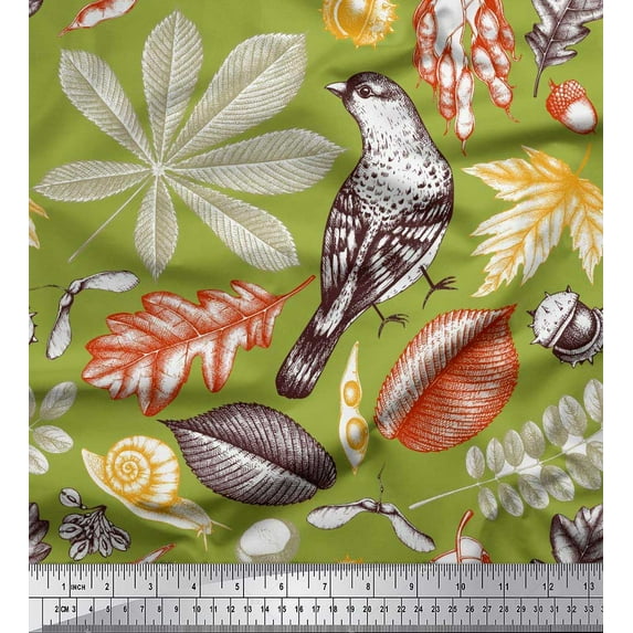 Soimoi Cotton Poplin Fabric Bird & Leaves Printed Fabric 1 Yard 56 Inch Wide