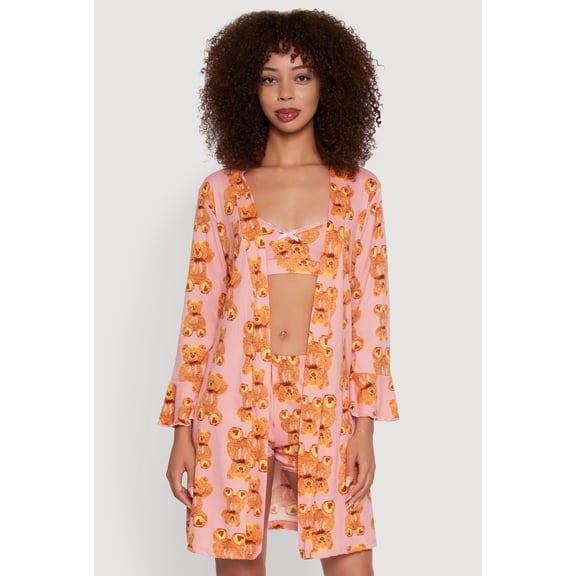 Womens Rib Knit Teddy Bear Pajama Bralette and Shorts with Robe