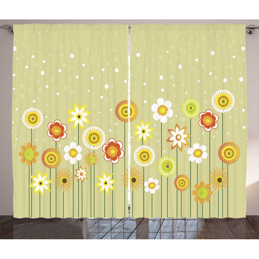 Yellow Flower Curtains 2 Panels Set, Colorful Artistic Meadow with