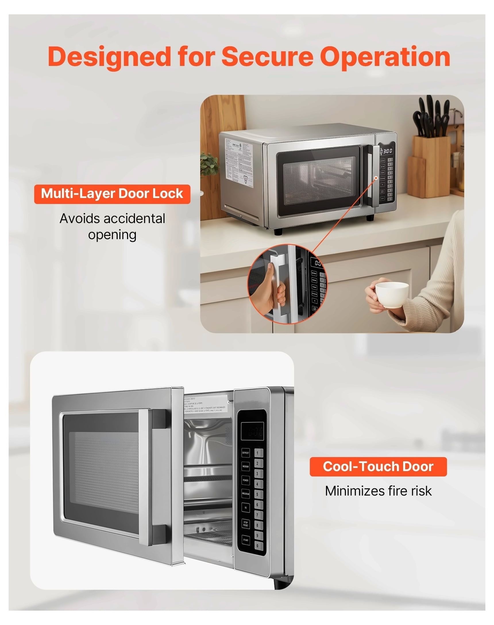 Countertop Microwave Oven, 0.9 Cu Ft 1000W, Stainless Steel Digital Microwave with Touchscreen, 10 Presets, 5 Levels, Multi-Lock for Commercial & Home Use