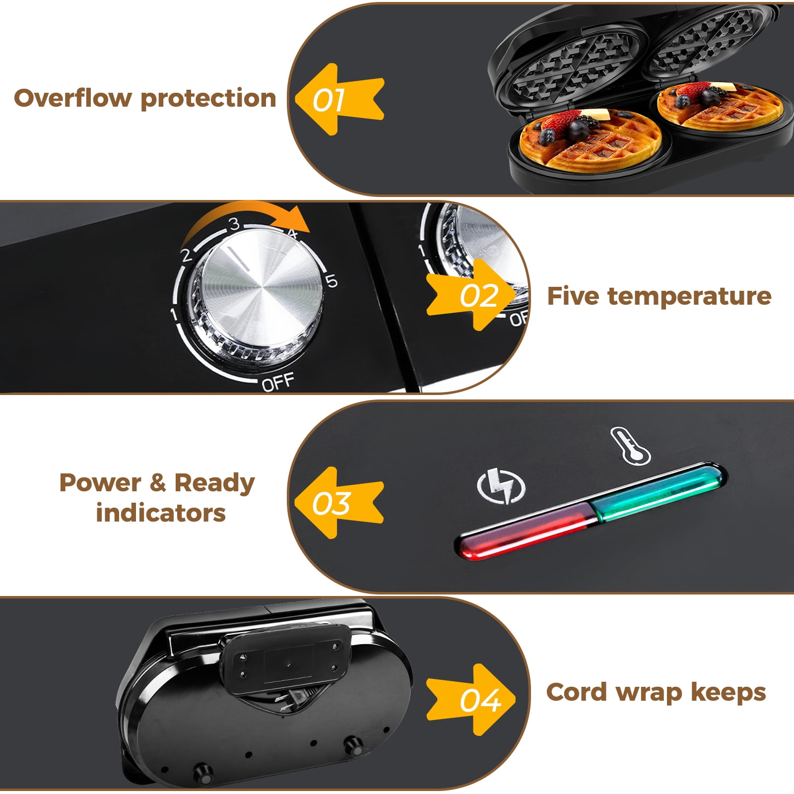 OSTBA Double Waffle Maker, 1400W Belgian Waffle Maker, 6 Inch Waffle Iron with 2 Independent Adjustable Temp Knobs & Indicator Lights, Easy-Clean Nonstick Plates, Stainless Steel, Black