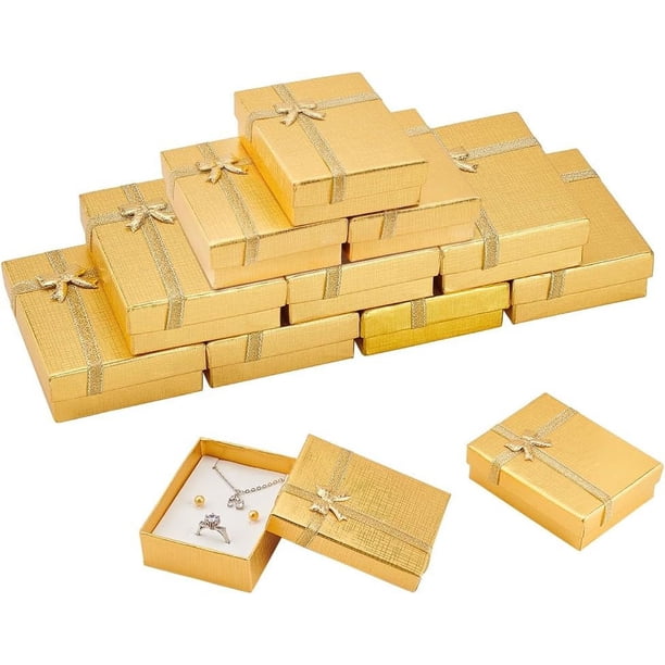 Paquete de 12 cajas de regalo de cartón kraft dorado para joyería, collar, anillo, caja de 3,5 x 2,5 x 1 con lazos