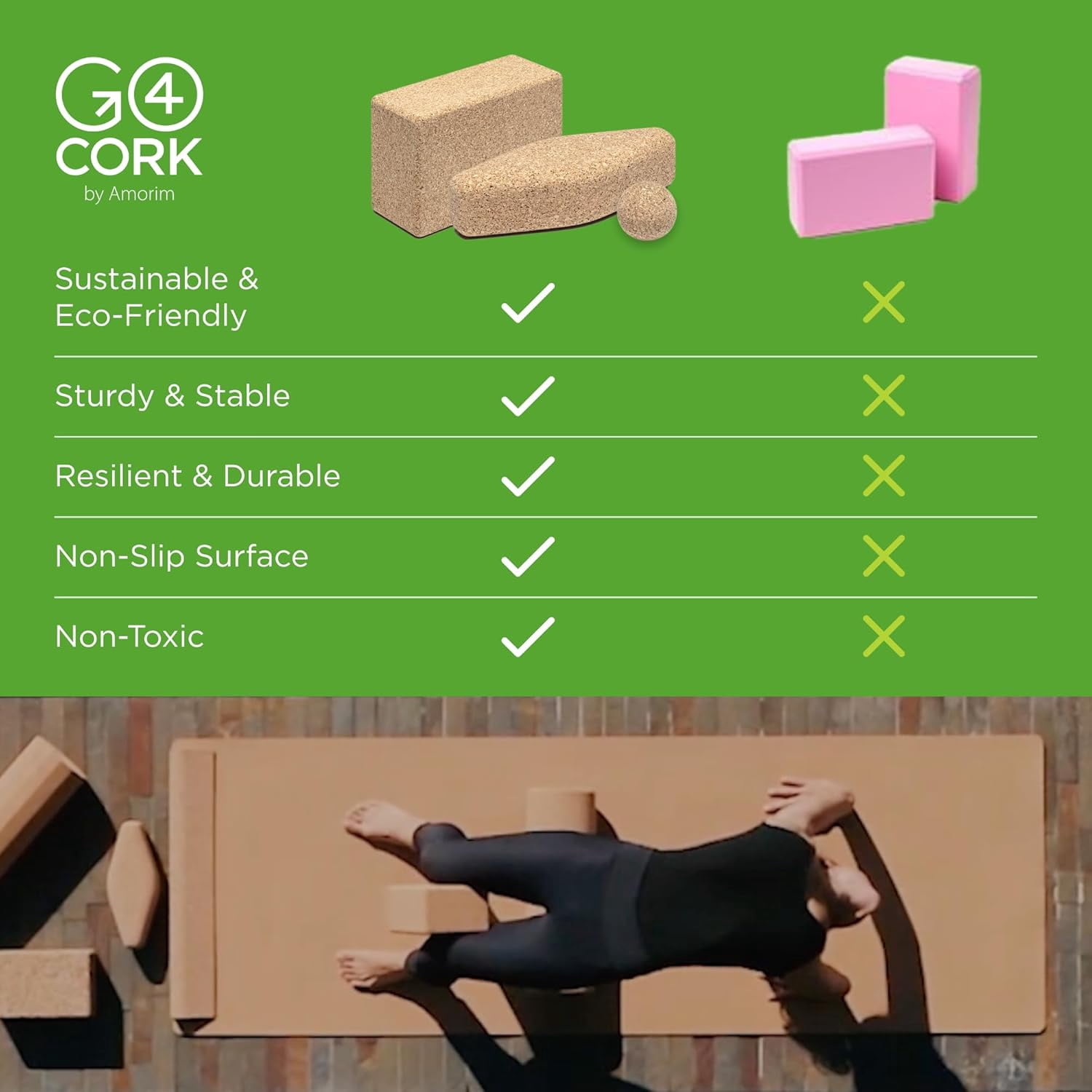 Go4Cork Natural Cork Yoga Block, Non-Slip, Non-Toxic, Lightweight, 9" x 6" x 4"