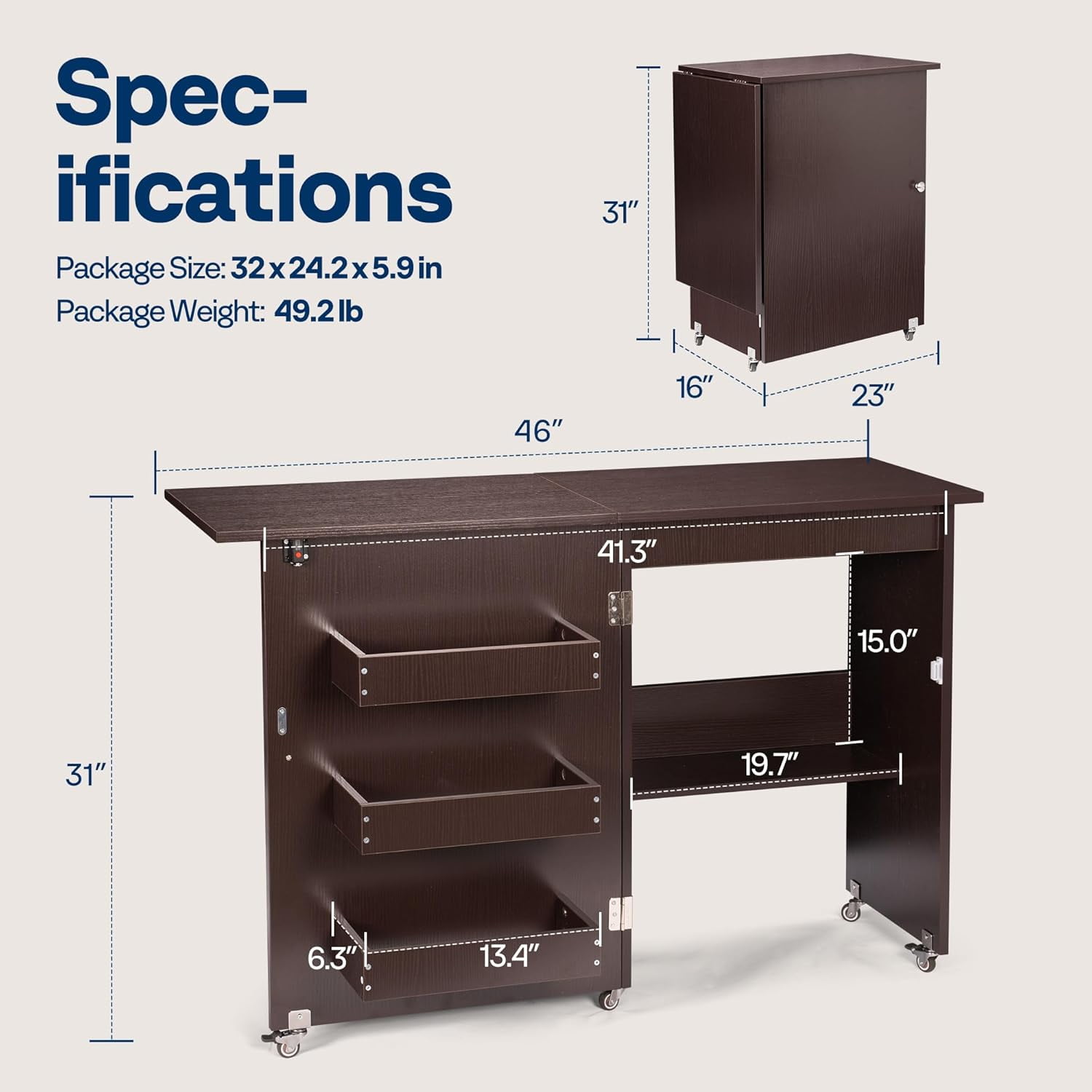 SPECSTAR Folding Sewing Craft Table, Rolling Sewing Machine Desk with Storage Shelves, Sewing Cabinet with Lift for Small Spaces, Dark Brown