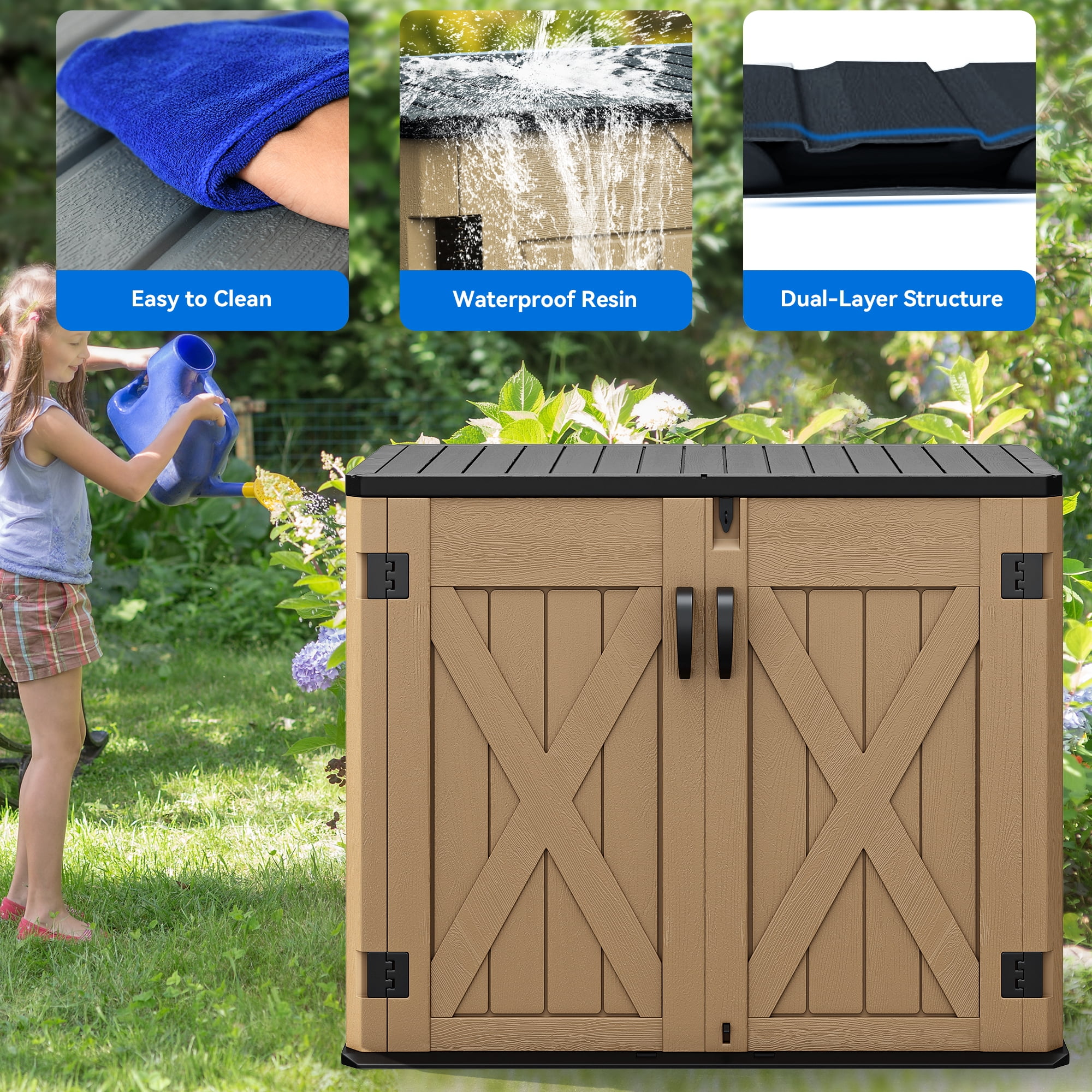 Dextrus Outdoor Horizontal Storage Shed with X-Shaped Lockable Door, 35 Cu Ft Weather Resistant Resin Tool Shed
