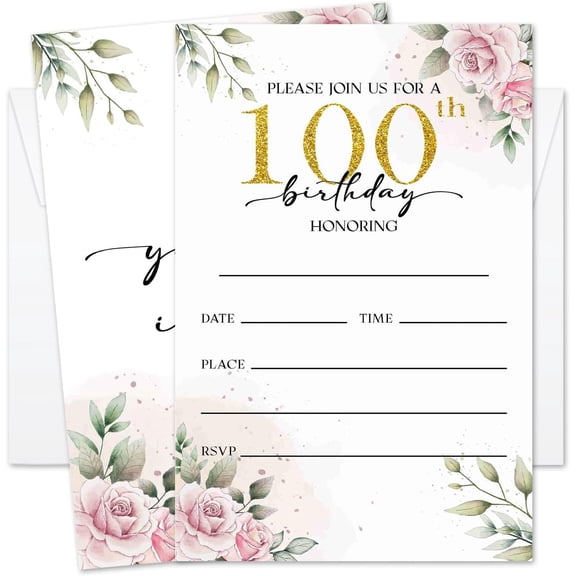 100th Rose Birthday Invitation for Women, Birthday Invitation With Envelopes, 100 Years Old Birth Invites for Adult, 20 Pcs Birth Invite Cards Party Celebration Supplies /01