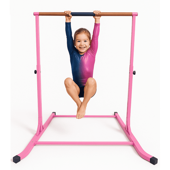 Balançoire Gymnastics Bar for Kids Height Adjustable 3 to 5 FT Horizontal Kip Bar Gymnastics Junior Training Bar Home Gymnastic Training Equipment Children and Teen Heavy Duty Junior Training Bar Pink