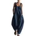 thumbnail image 2 of Mifsaly Linen Overalls for Women Sleeveless Wide Leg Oversized Harem Jumpsuits Lightweight Loose Casual Summer Boho One Piece Outfits with Pockets Navy,M, 2 of 8