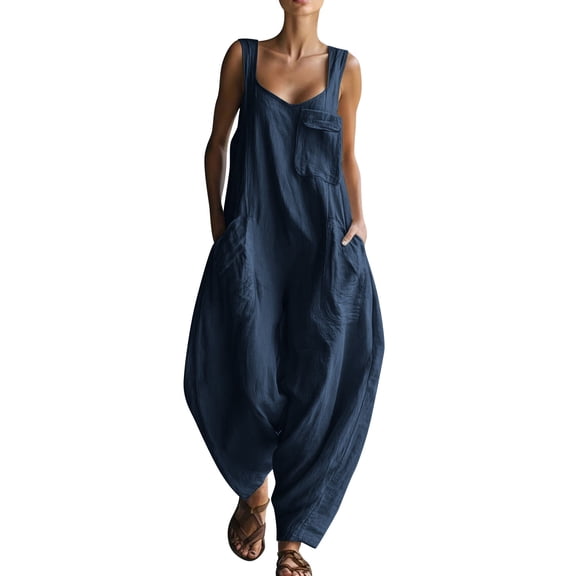 biudgviw Women's Casual Loose Overalls Jumpsuits Pleated Sleeveless Tanks Baggy Long Pants Rompers with Multi Pockets for Beach Travel
