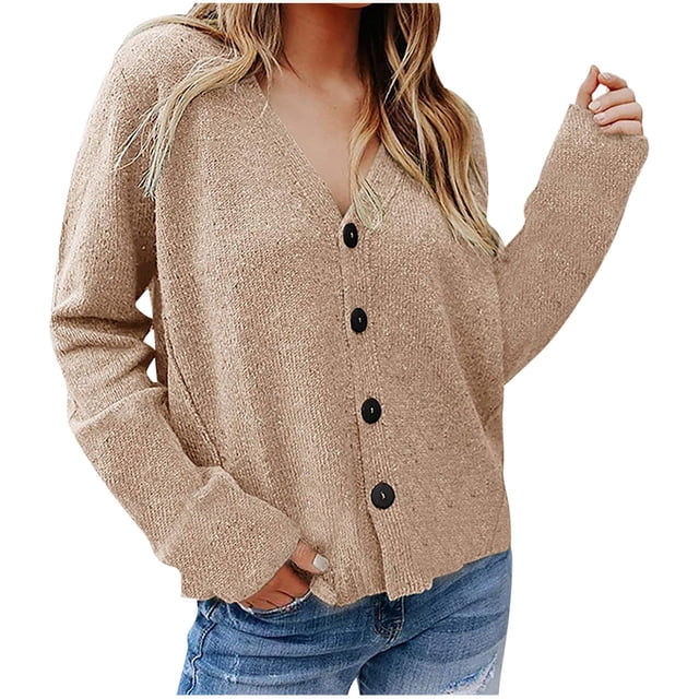 Cárdigan de lana de manga larga con cuello en V para mujer, Tops de punto con botones Pompotops gfhjh12014