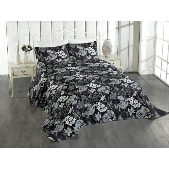 Ambesonne Retro Quilted Coverlet 3 Pcs, Dark Theme Flowers Pattern, King Size, Charcoal Grey and White