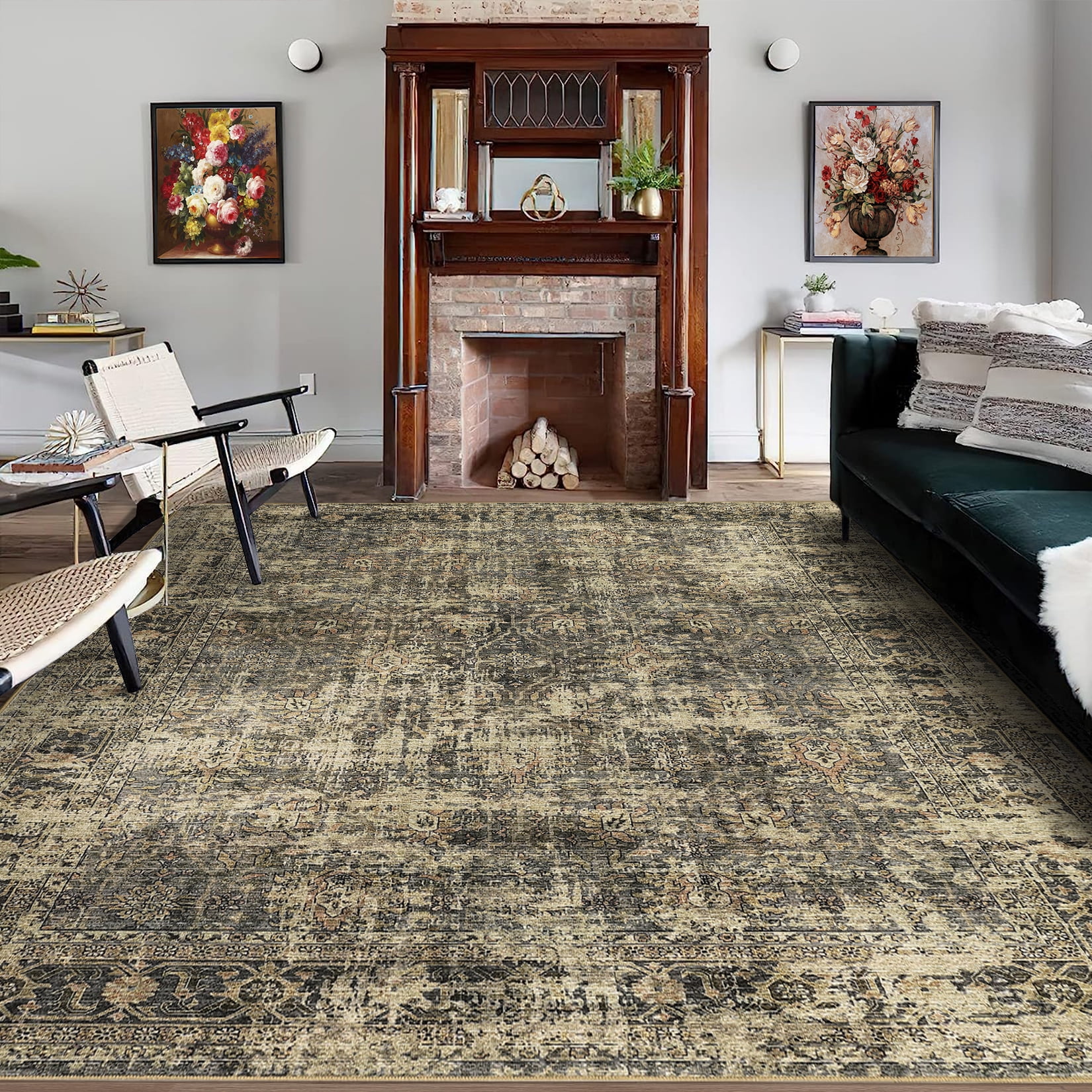 FairOnly 5'x7'Oriental Distressed Area Rug Machine Washable Non Slip Vintage Soft Indoor Floor Cover for Living Room Bedroom Office Study Room,Green