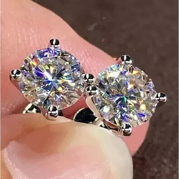 Round Cut 2 Ct Moissanite Solitaire Stud Earrings 14K White Gold Plated