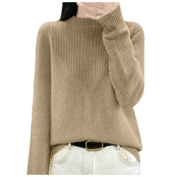 Gyexs V Neck Sweaters for Women Turtleneck Long Sleeve Ribbed Knit Shirts Business Casual Work Blouses Fall Winter Outfits, Khaki, Size L