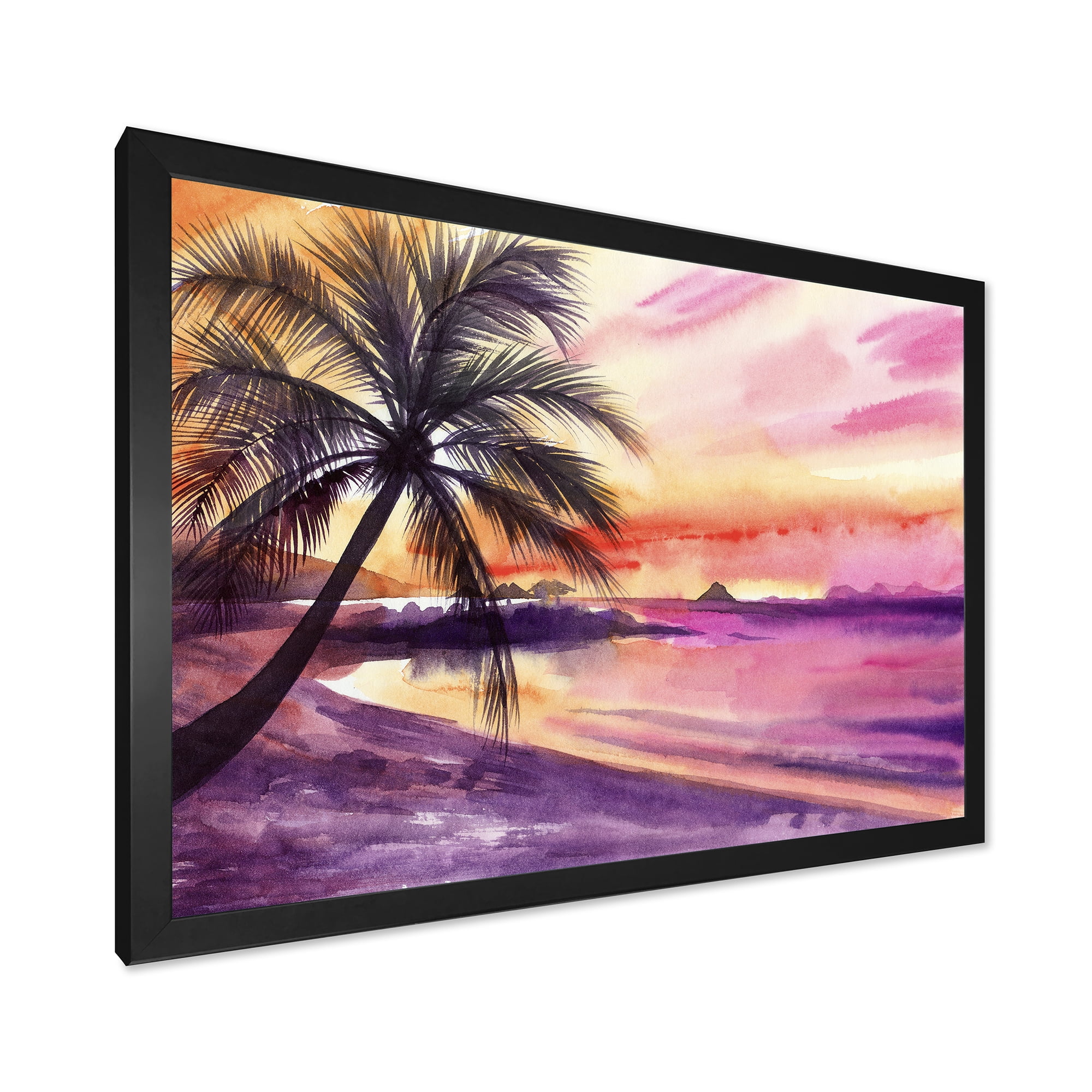 Designart 'Purple and Pink Palm Beach Sunset' Nautical & Coastal Framed Art Print