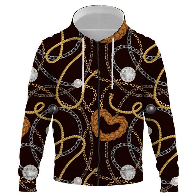 Chaqueta con capucha y cremallera de cadena de hierro con estampado 3D de lujo para hombre y mujer, estilo Harajuku, unisex, ropa para hombre