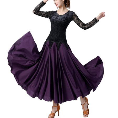 Long Sleeve Women S Lace Velvet Ballroom Smooth Dance Practice Dress With Godets