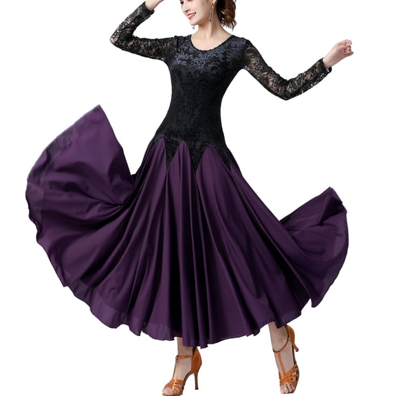 Women'S Lace Velvet Long Sleeve Ballroom Competition Dance Dress With Godets