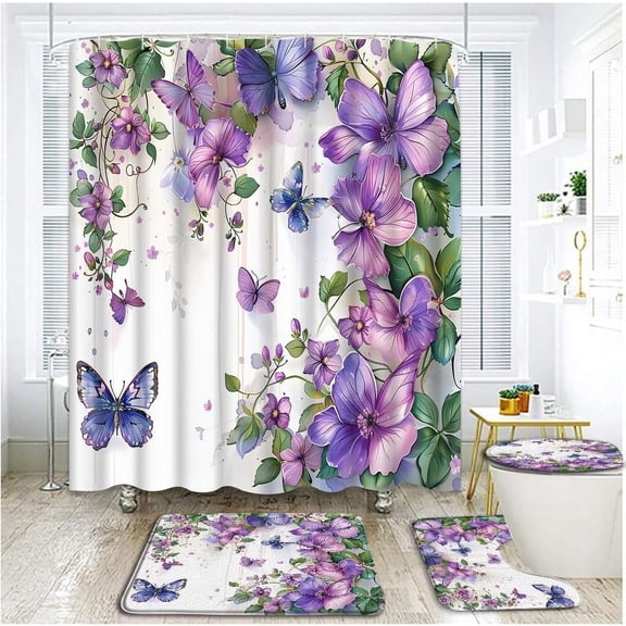 4 PCS Purple Flower Shower Curtain Set with Rugs, Toilet Lid Cover ,Watercolor Lavender Floral Blue Butterflies Green Leaves Vine Lilac Spring Garden Nature Girls Bathroom Shower Curtain with Hooks