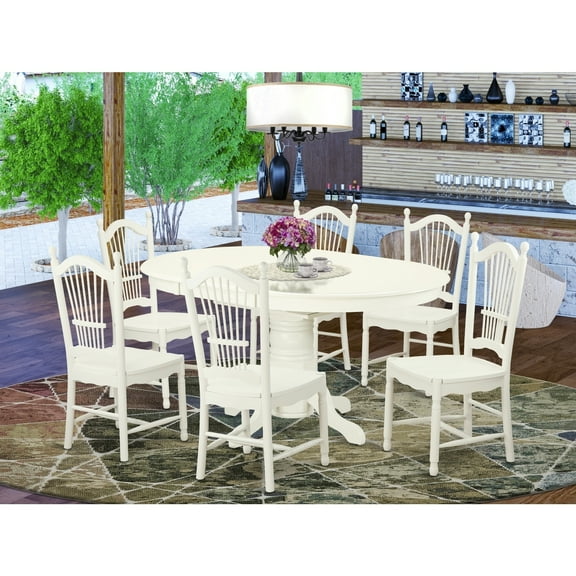 Oval Dining Set - 7 Piece Kitchen Table & Chairs - Linen White Finish - Modern Farmhouse Style