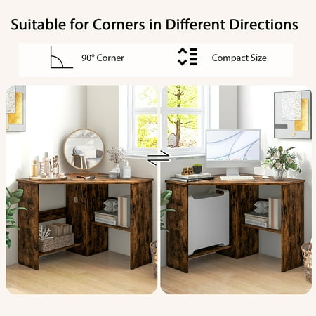 Costway Corner Computer Desk Triangle Writing Workstation w/Storage Shelf Rustic - Rustic Brown