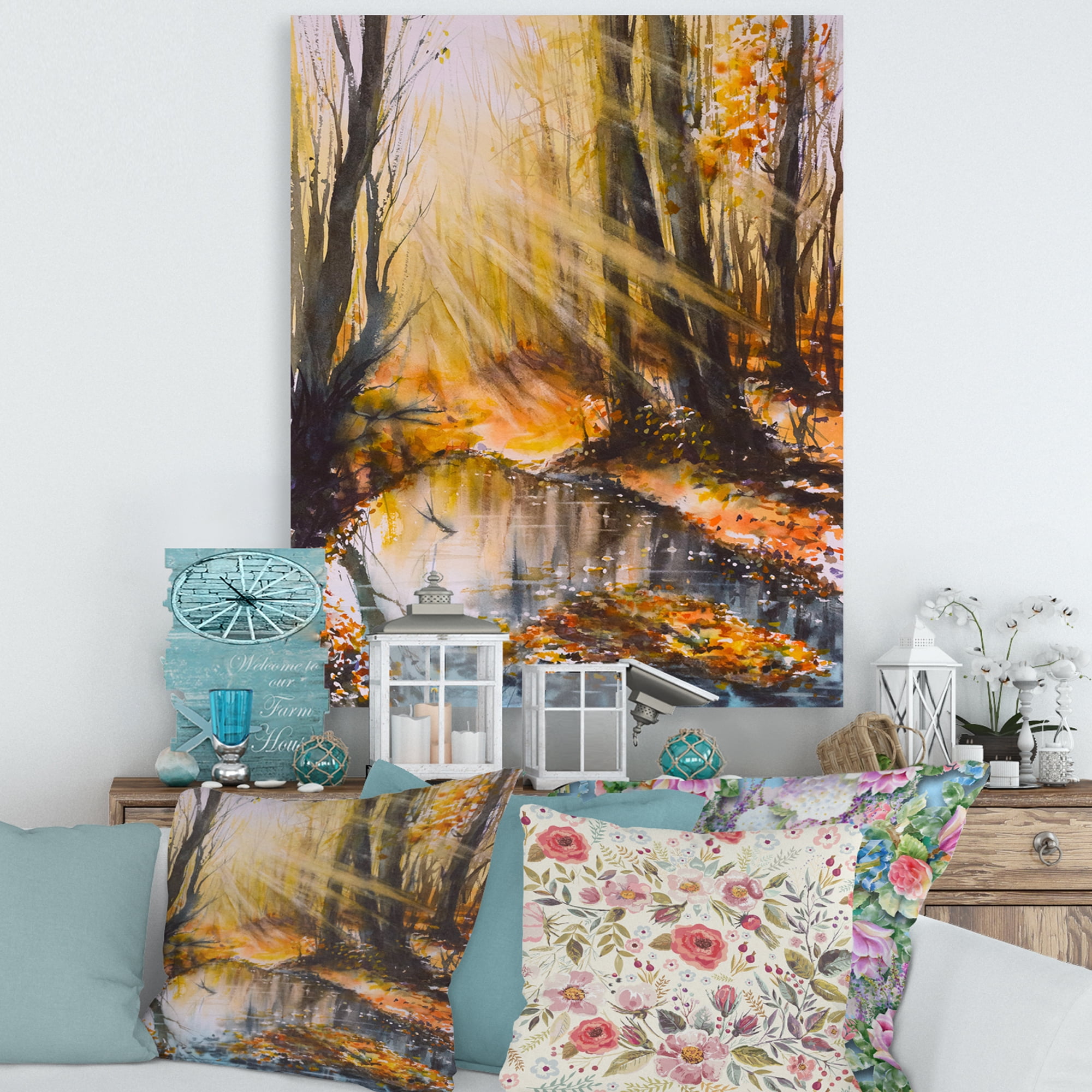 Bright Sunshine Through The Brown Forest Trees 24 in x 32 in Painting Canvas Art Print, by Designart