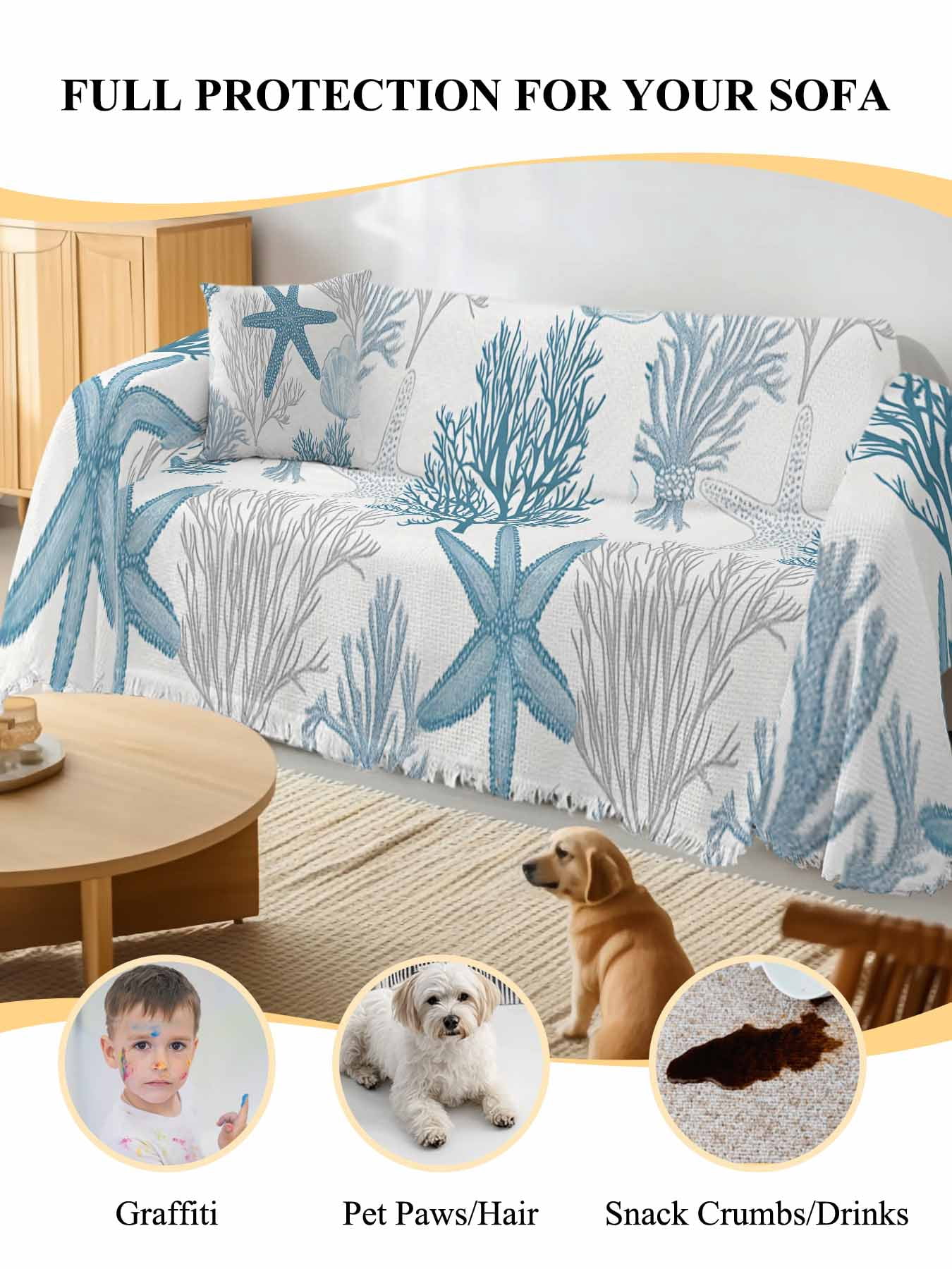 Starfish Coral Couch Cover, Coastal Ocean Seagrass Nautical Nature Sofa Cover Blanket for 3 Cushion Couch, Sectional Sofa Slipcover Furniture Protector for Living Room Bedroom 71''x134''