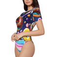 thumbnail image 2 of Daiia Space Colorful Donut print Women's Crew Neck Short Sleeve Bodysuit Fashion Tops Fit Casual Basic Extender Bodysuit-Small, 2 of 9