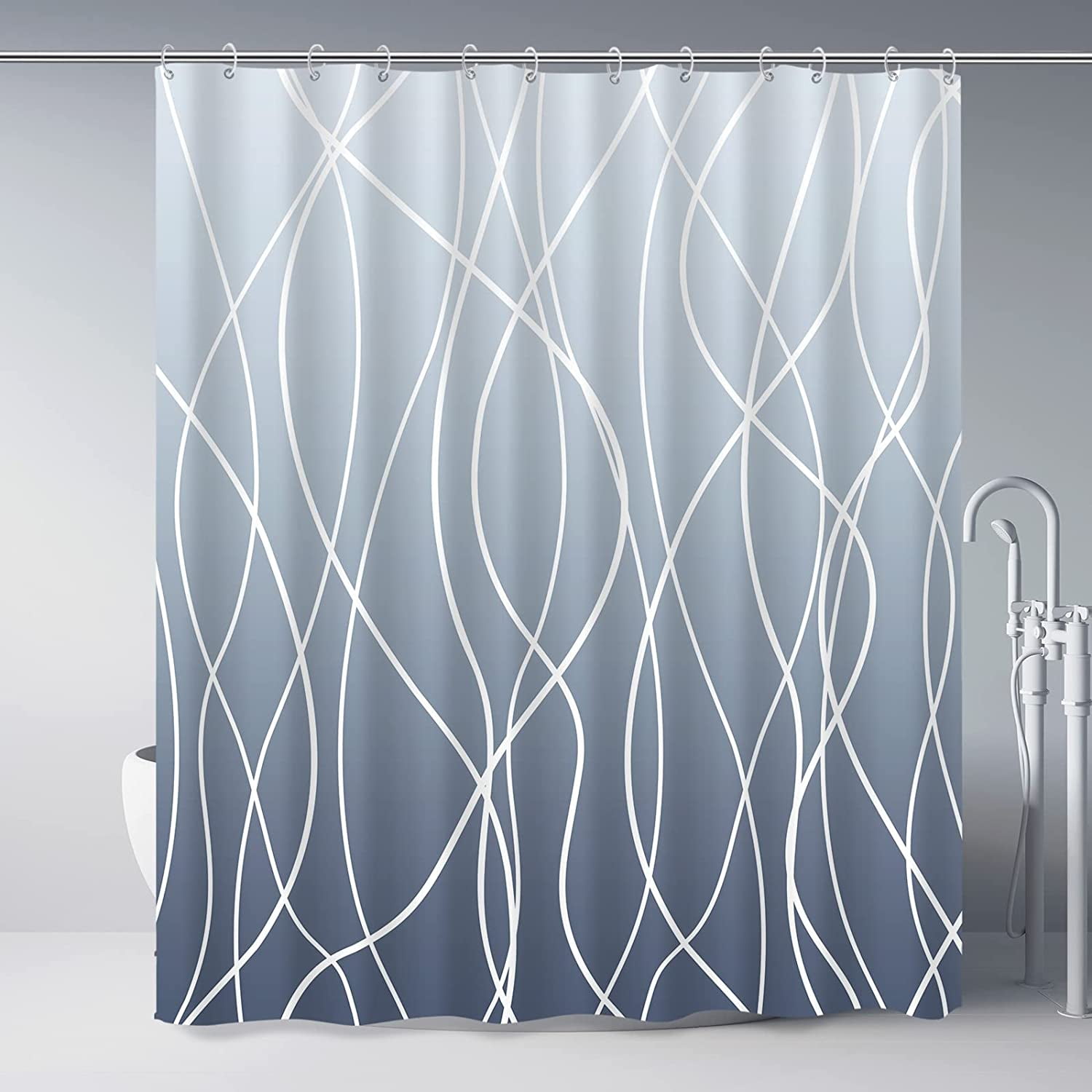 Ombre Blue Shower Curtain for Bathroom with Hooks,White Shower Curtain ...