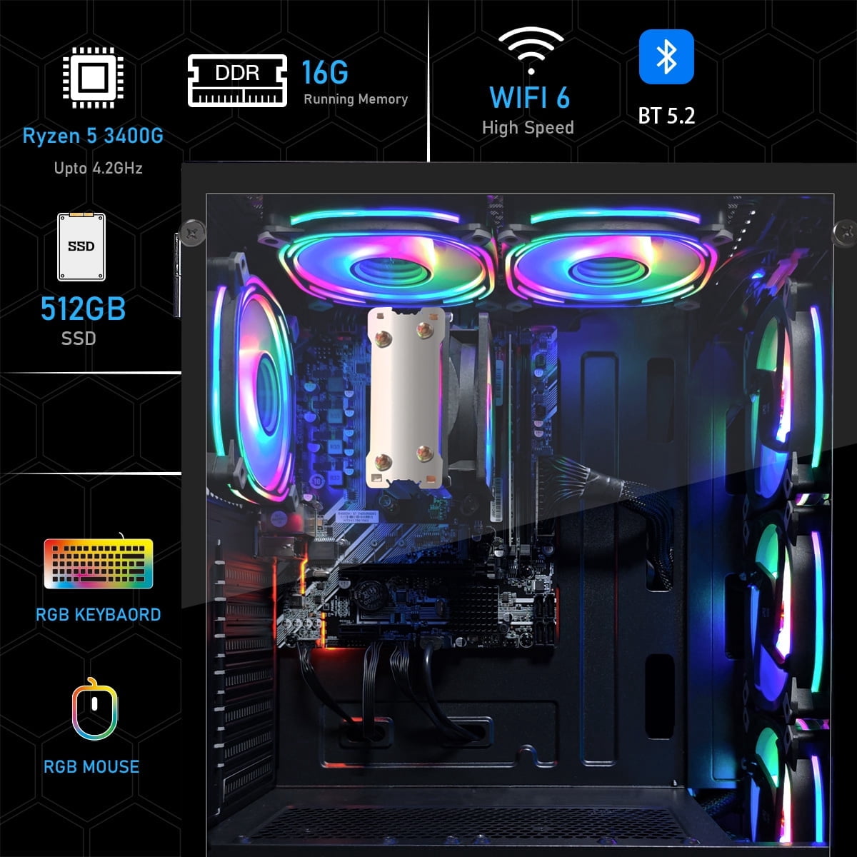 STGAubron Gaming PC Computer Desktop,Ryzen 5 3400G up to 4.2GHz,16G DDR4,512G SSD,WiFi 6 & BT 5.2,RGB Fan x4,Windows 11 Home