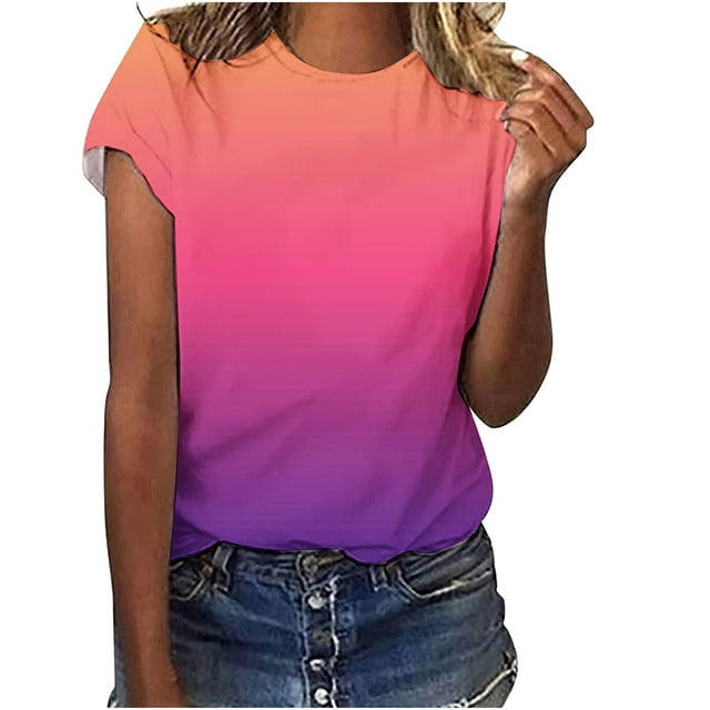 Yuyuzo T-Shirts à Manches Courtes pour Femmes, Col Rond, Dégradé de Couleur, Hauts d'Été Grande Taille