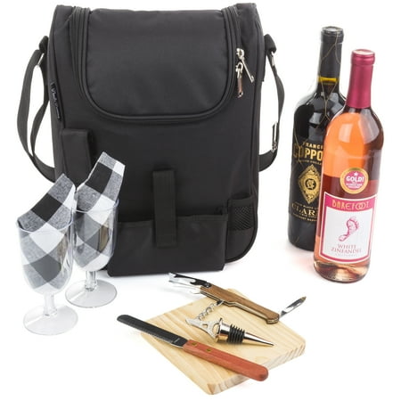 Insulated Travel Wine Tote Bag: Portable 2 Bottle Wine and Cheese Black Carrier Bag Set with Picnic Backpack