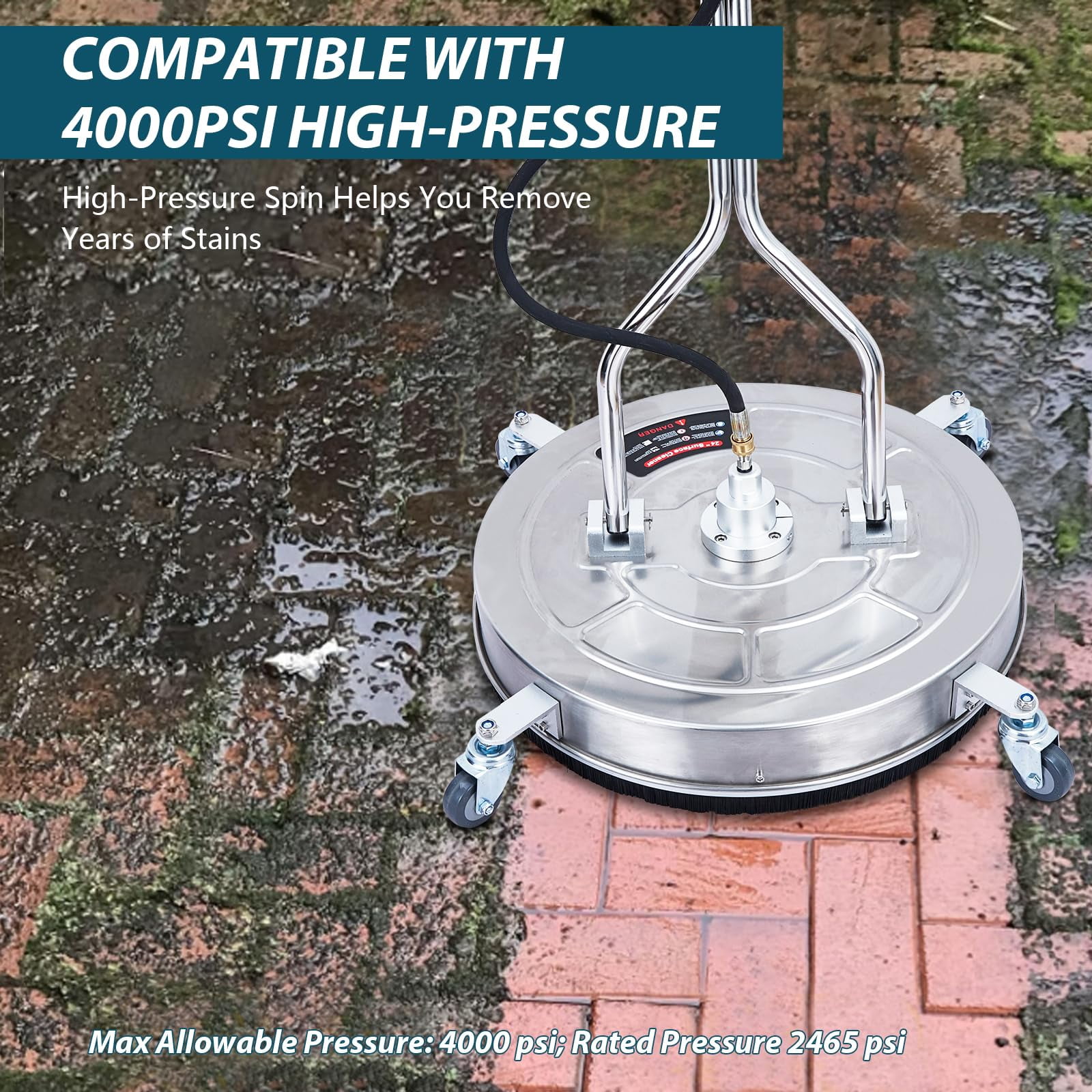 Luku 24" Pressure Washer Surface Cleaner with Dual Handle, 4 Wheels, 3/8" Quick Connect, 2 Replacement Nozzles, Stainless Steel Power Washer Surface Cleaner for Driveway Sidewalk Patio 4000 PSI