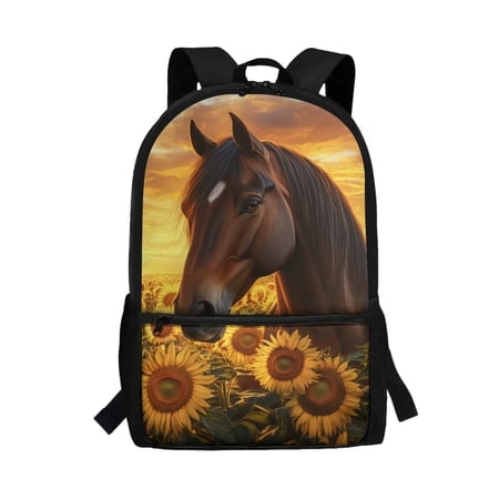 Uorisanigo 17 inch Sunflower Horse School Backpack for Kids 5-12 Year, Preschool Casual Daypack Elementary School Bag Kindergarten Travel Bags with Padded Straps