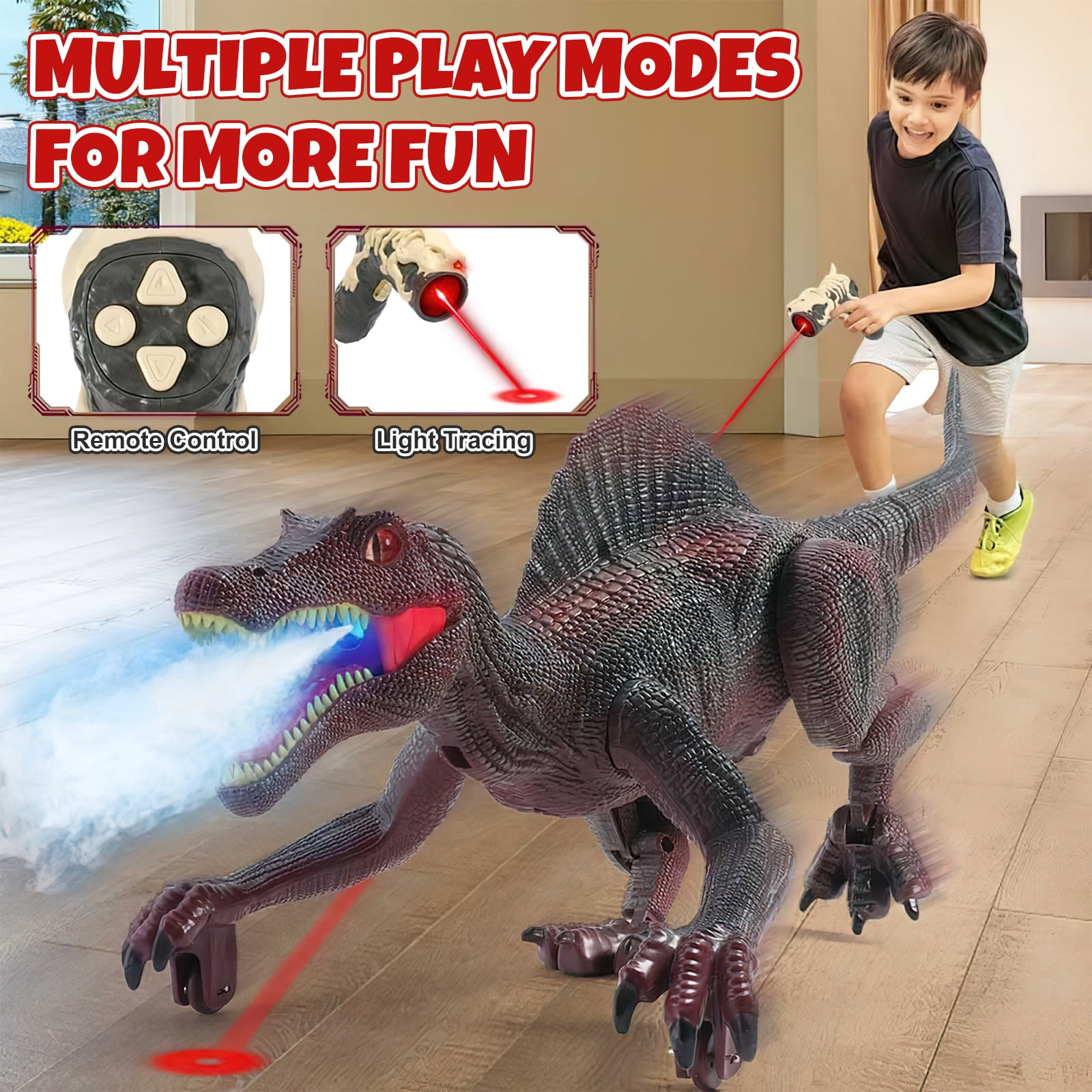 HopeRock Remote Control Dinosaur Toys for Boys 3-6 Years, Electronic RC Spinosaurus Robot Dinosaurs with Spray & Light & Roar, Realistic Walking T-Rex Toys Birthday Gifts for Boys 6-12.